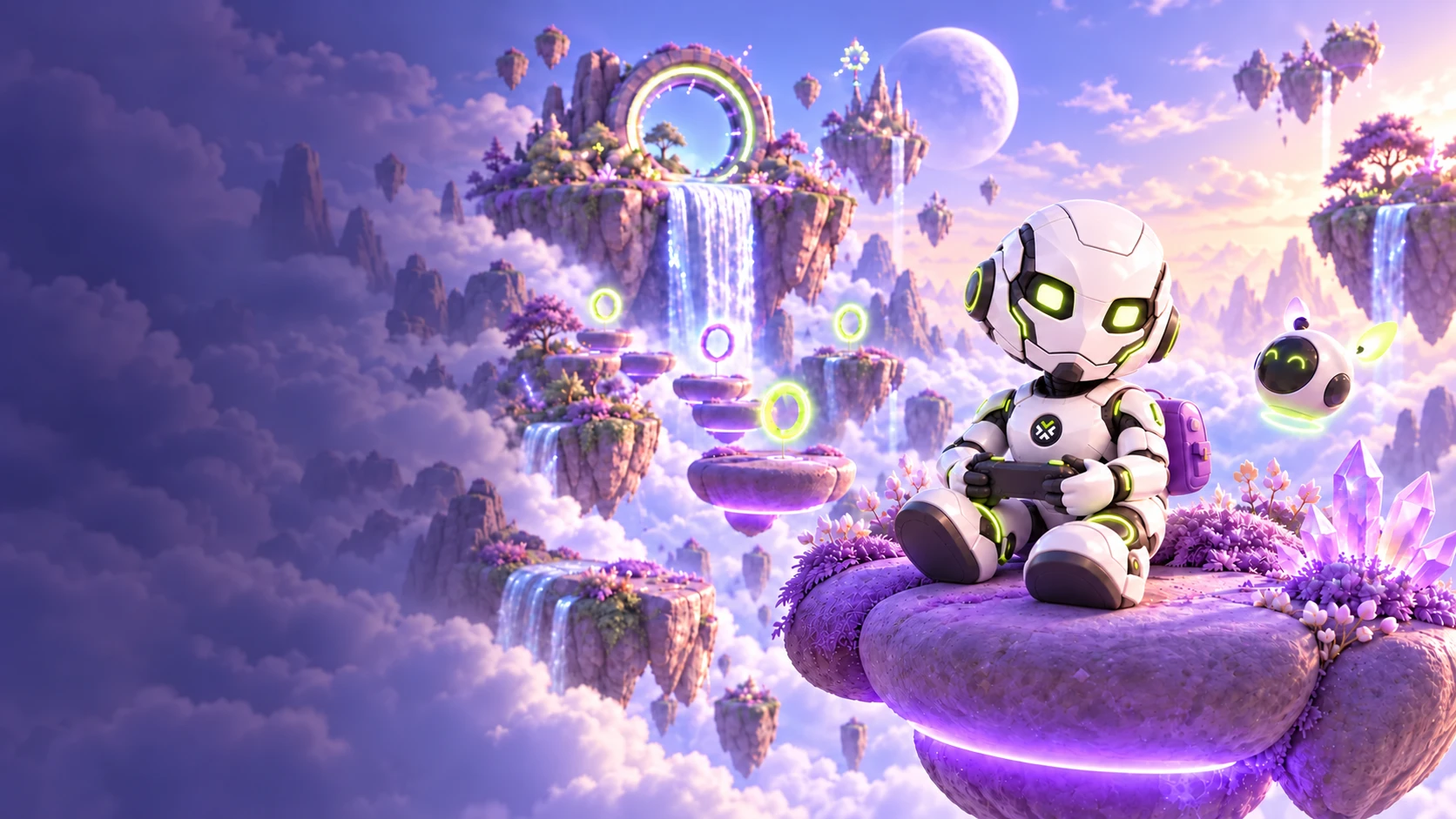 Dex playing with a controller in a world of floating islands and portals